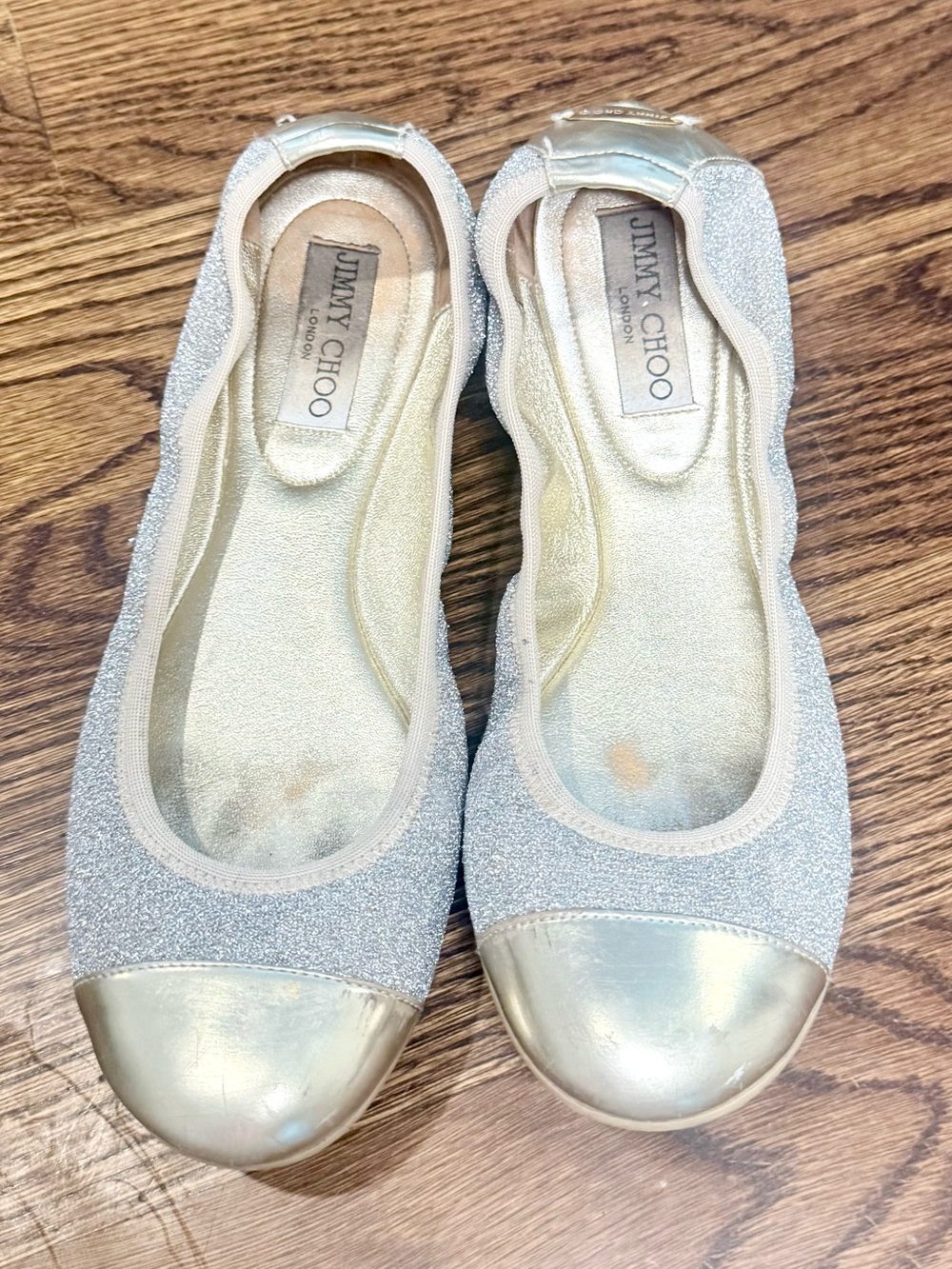 Jimmy Choo Champagne Gold Glitter Ballet Flats Cap Toe EU 39 US 8.5